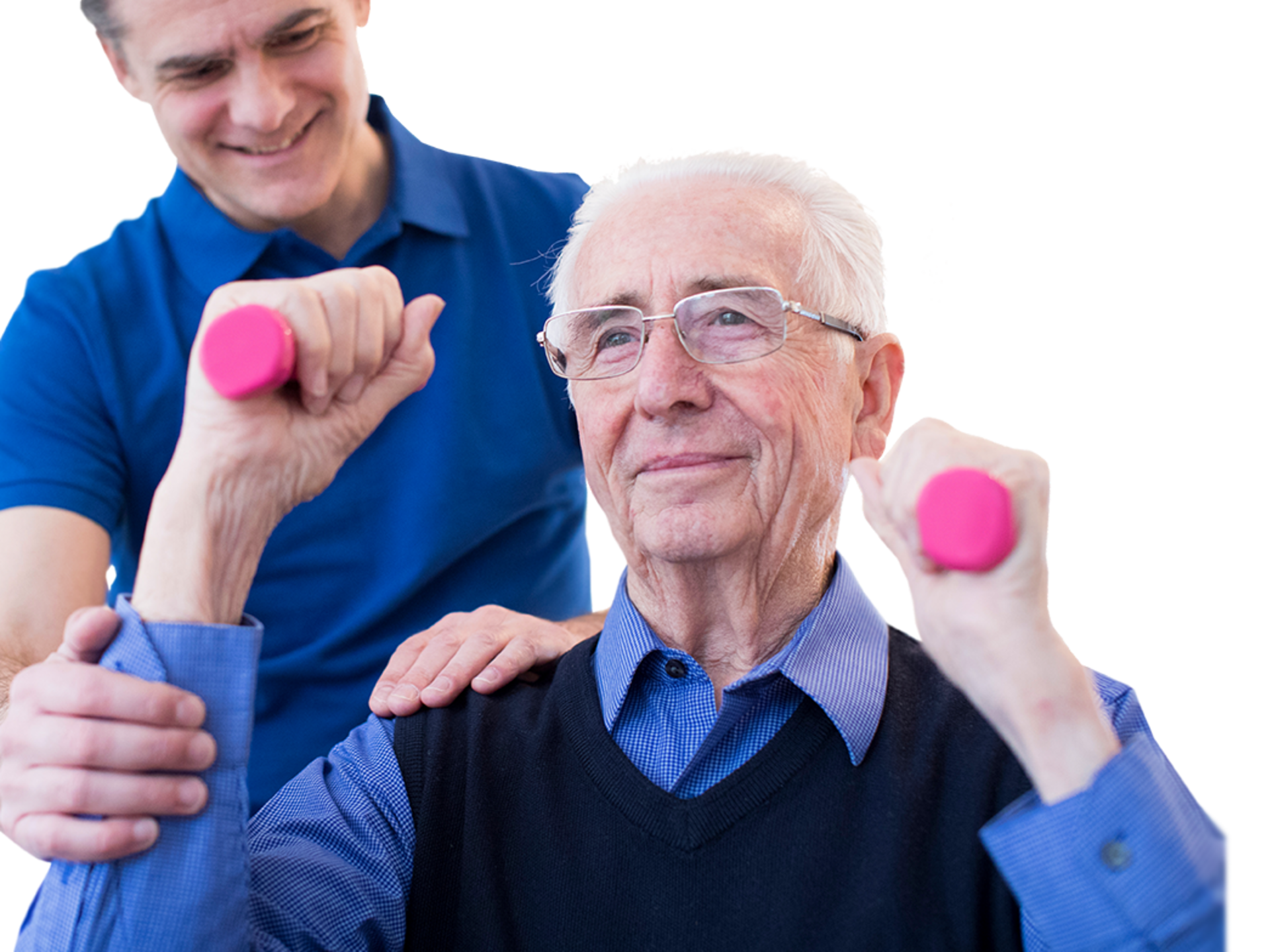 Physiotherapeut hilft Senioren, Handgewichte zu heben